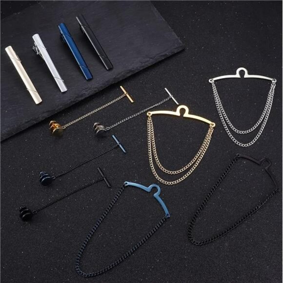 Men's Tie Clips Set with Chains Gold Silver Black Blue Formal Wedding Gift - Picture 2 of 7